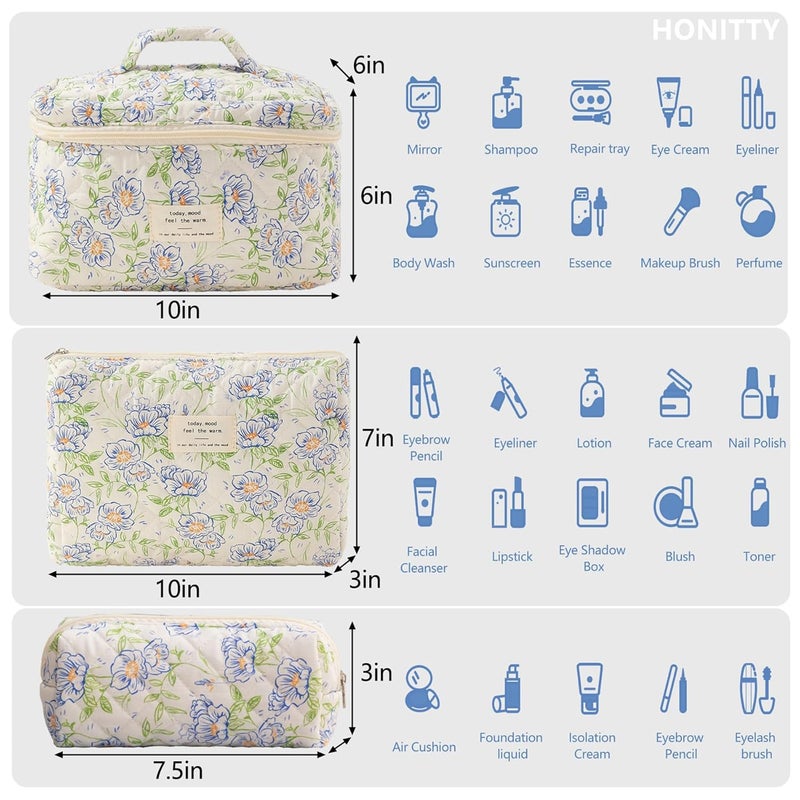 honitty Makeup Bag,Quilted Cosmetic Bags,Large Floral Make Up Organize bag,Makeup Bag Set for Women,Flower Travel Toiletry Bag - Image 2